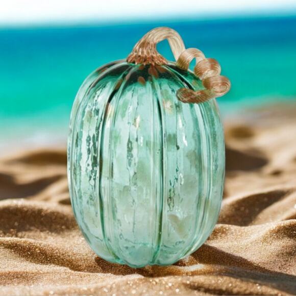 Christian Siriano Shabby Chic Blue Green Blown Glass Fall Pumpkin Beachy Decor - Picture 3 of 12